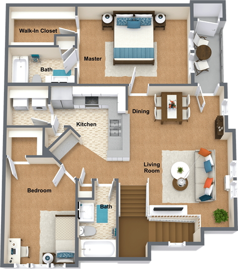 Floor plan for 2 beds, 2 baths, 1068 sqft